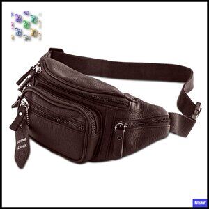 Genuine Leather Fanny Pack Adjustable Waist Bag Travel Pouch Multiple Pockets
